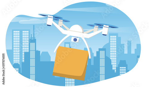 Fast city drone delivery concept. Concept of fast and safe wireless parcel delivery by air with quadcopter drone. Flat cartoon vector illustration