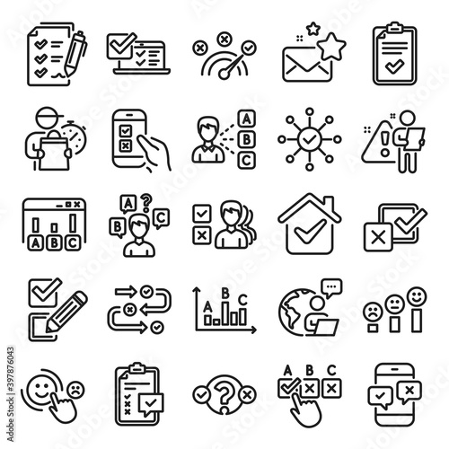 Survey, Report review line icons. Opinion, Customer satisfaction feedback and Test icons. Checklist review, Quiz and Business report symbols. Evaluation quiz, Feedback chart, Management. Vector