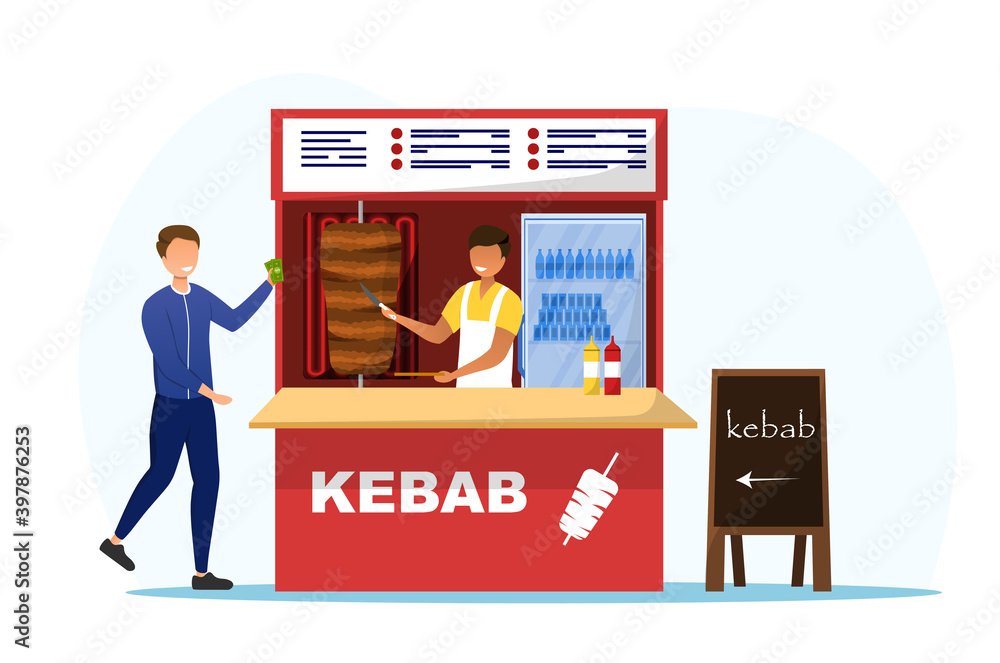 Food market worker in kebab tent. Concept of selling fresh healthy food from farm on the market. Customer is about to buy meat. Flat cartoon vector illustration Food market worker in kebab tent. Concept of selling fresh healthy food from farm on the market. Customer is about to buy meat. Flat cartoon vector illustration