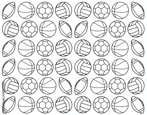 Basketball, football, volleyball and soccer shapes in black with white backgroun.