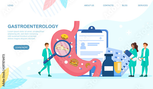 Group of doctors doing gastroenterology. Abstract concept of health care and stomach treatment. Doctors examining internal organ. Website, web page, landing page template. Flat vector illustration