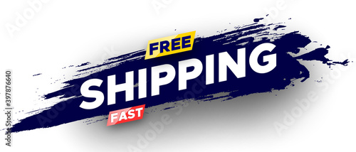 Free fast shipping banner with blue brush stroke. Vector illustration.