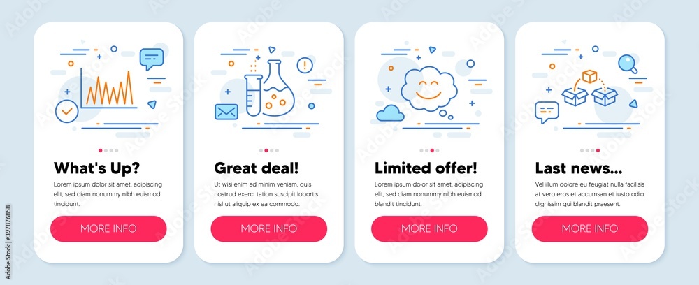 Set of Business icons, such as Chemistry flask, Line graph, Smile chat symbols. Mobile app mockup banners. Parcel shipping line icons. Laboratory, Market diagram, Happy face. Send box. Vector