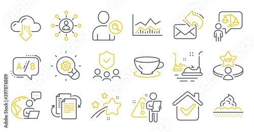 Set of Business icons, such as Ab testing, Skin care, Innovation symbols. Vip table, Cloud download, Security agency signs. Lawyer, Find user, Networking. Trade infochart, Espresso. Vector