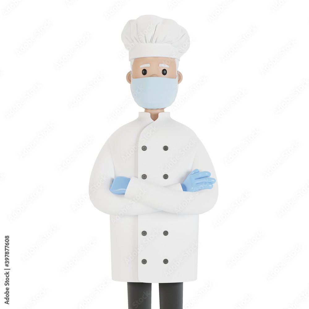 Chef wearing a mask and gloves. 3D illustration in cartoon style. Chef wearing a mask and gloves. 3D illustration in cartoon style.