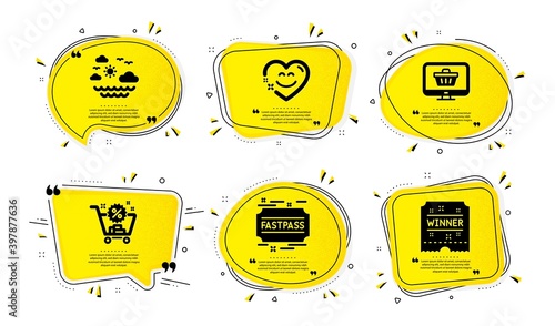 Smile chat, Travel sea and Web shop icons simple set. Yellow speech bubbles with dotwork effect. Fastpass, Shopping cart and Winner ticket signs. Heart face, Summer holidays, Shopping cart. Vector