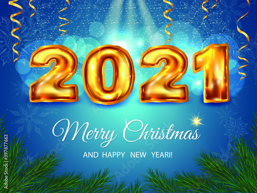 Realistic new year balloons background. 2021 golden decoration holiday on trendy background. New Year's balloons with tinsel to decorate your design. Vector illustration