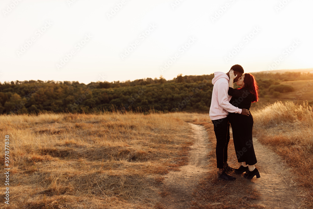 Wonderful couple walking at the field, African American man kissing lovely white woman, loving husband with adorable wife spend time together, weekends outdoors concept Wonderful couple walking at the field, African American man kissing lovely white woman, loving husband with adorable wife spend time together, weekends outdoors concept