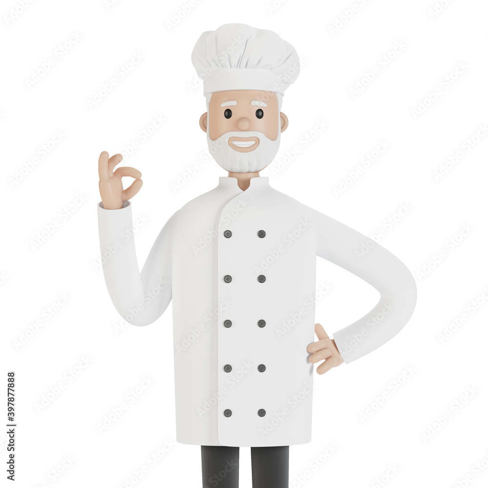 The chef makes the gesture of the perfect dish. 3D illustration in cartoon style. The chef makes the gesture of the perfect dish. 3D illustration in cartoon style.