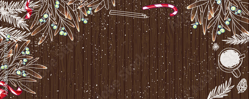 Merry Christmas Happy New Year banner. Christmas hand drawn background. Wood plank texture, mistletoe, ribbons, lollipop, hot drink. Horizontal Xmas poster, greeting card, header. Flat lay, Top view