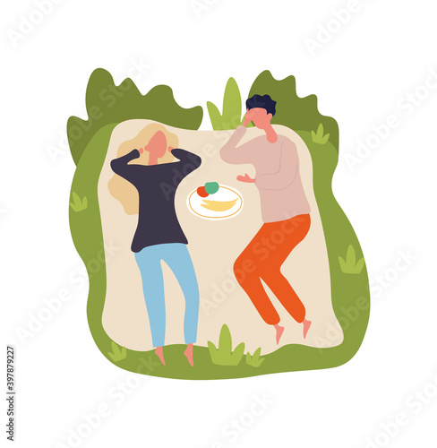 Caucasian couple lying and talking on the blanket at park. Concept of spending time and relaxing at nature with loved ones. Flat cartoon vector illustration