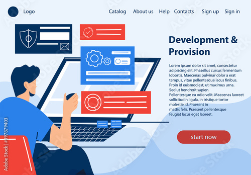 Caucasian man working on development and provision. Online business career. Website, web page, landing page template