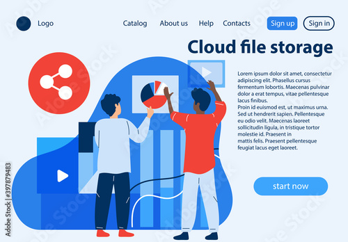 Two multiracial male characters are studying infographics of cloud file storage. Website, web page, landing page template