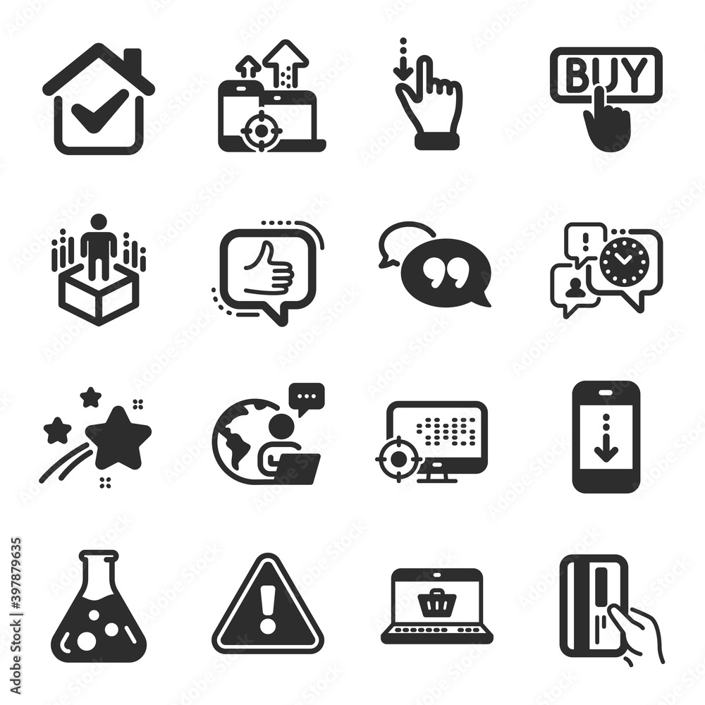 Set of Technology icons, such as Time management, Online shopping, Quote bubble symbols. Seo, Scroll down, Augmented reality signs. Chemistry lab, Buying, Touchscreen gesture. Payment card. Vector Set of Technology icons, such as Time management, Online shopping, Quote bubble symbols. Seo, Scroll down, Augmented reality signs. Chemistry lab, Buying, Touchscreen gesture. Payment card. Vector