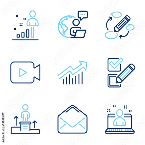 Education icons set. Included icon as Stats, Video camera, Checkbox signs. Demand curve, Best manager, Mail symbols. Business podium, Keywords line icons. Business analysis, Movie or cinema. Vector