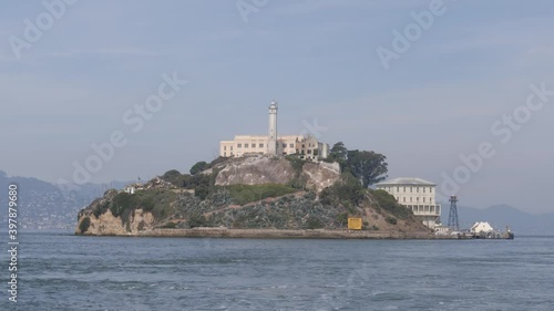 Boat approaching Alcatraz Island near San Francisco, California, USA
