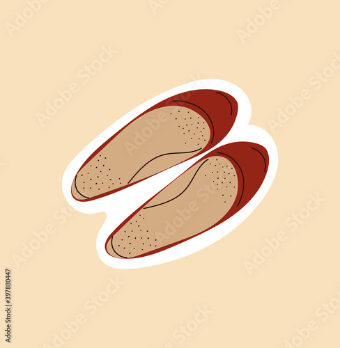 Red outline female ballet shoes on beige background. Concept of doodle clothes and accessories for poster, banner, ads, sticker, clipart. Flat cartoon vector illustration