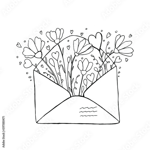 Envelope with flowers and hearts for loved ones. Holiday package.