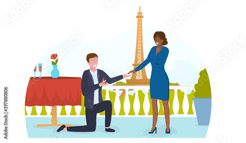 Love engagement in romantic place in paris. A young man standing on one knee proposing to pretty girl. Wedding ring with a diamond. Flat cartoon vector illustration