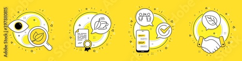 Social distancing, Mint leaves and Mint tea line icons set. Licence, cell phone and deal vector icons. Leaf sign. Quarantine, Mentha herbal, Mentha beverage. Environmental. Healthcare set. Vector