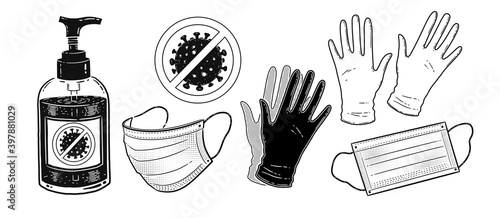 Illustration set of protection items