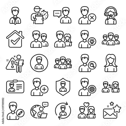 User people line icons. Male and Female Profile, Group and Support icons. ID card, Teamwork people and Businessman symbols. Couple love, Security profile and User management support. Vector
