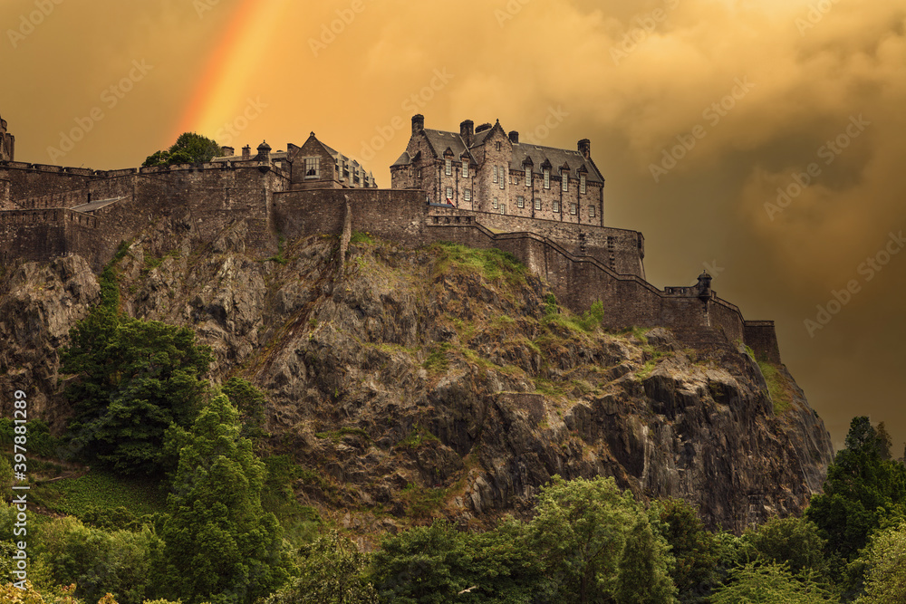View of Edinburgh Castle from the New Town, with a stormy sky, UK