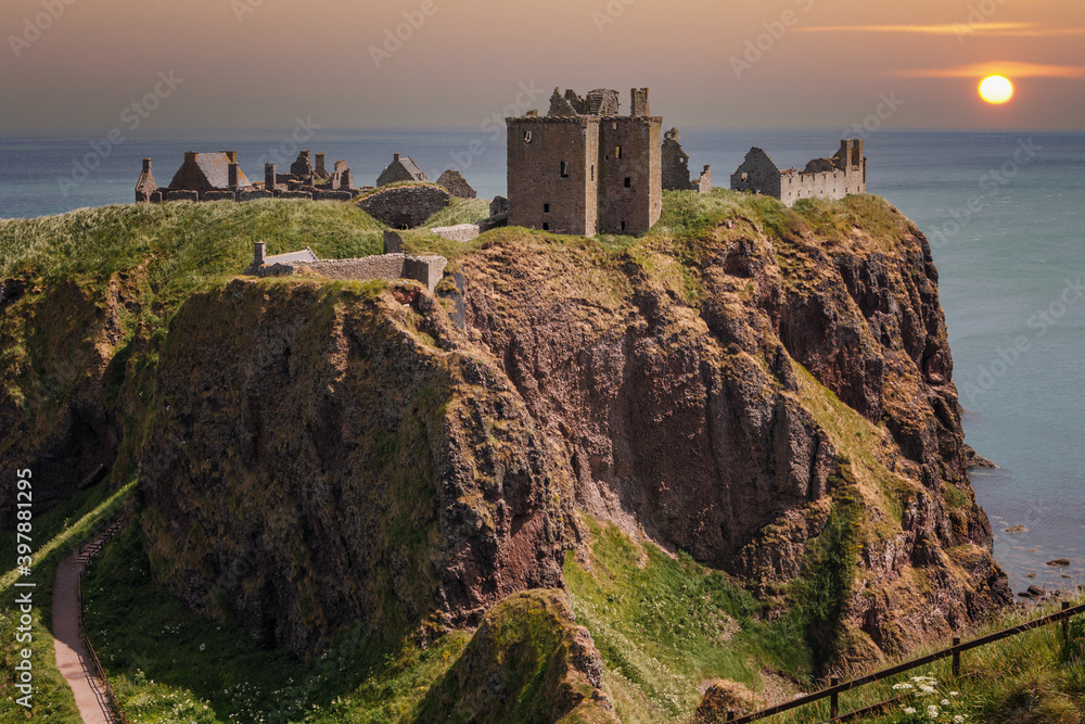 Ruins of Dunottar castle on a cliff, on the north east coast of Scotland, Stonehaven, Aberdeen, UK