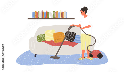 Caucasian girl vacuum cleaning the carpet at home. Concept of daily life and everyday routine scene by young woman in cozy interior. Flat carton vector illustration
