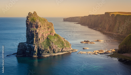 Sunset at Stacks of Duncansby, observatory and bird farm, Duncansby Head, John o 'Groats, Caithness, Scotland photo