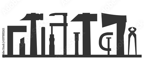 Carpentry works. Any kind of repair. Handyman services logo. A carpenter. Monochrome black silhouette. Home repairs. Shop of joinery. Wood foreman. Isolated.