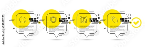 Security, Repairman and Approved line icons set. Timeline infograph speech bubble. Usb stick sign. Protection shield, Repair screwdriver, Chat message. Memory flash. Technology set. Vector
