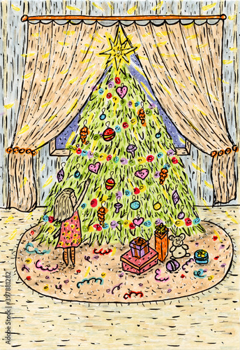 Christmas tree, hand drawn greeting card, poster, artwork, little girl, New Years eve