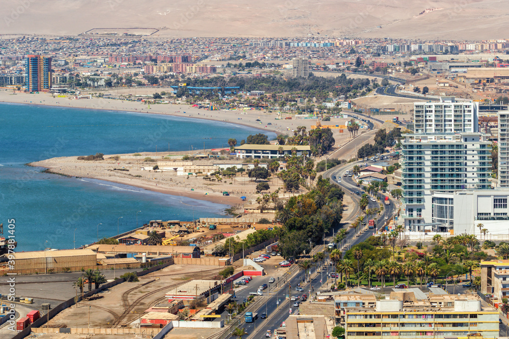 Panoramic view of the city of Arica, with its beautiful and grand beaches in the background, Chile