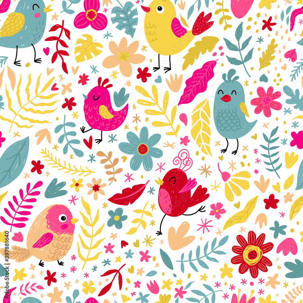 Seamless pattern with cute little birds, flowers and herbs. Nature and spring print. Vector illustration.