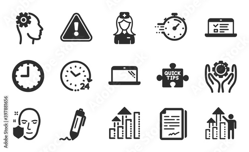 24 hours, Web lectures and Signature icons simple set. Analysis graph, Employee hand and Quick tips signs. Time, Document signature and Employee results symbols. Flat icons set. Vector