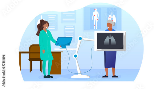 Elderly woman standing behind the x-ray making examination of the chest. Concept of radiology and body scan. Flat cartoon vector illustration
