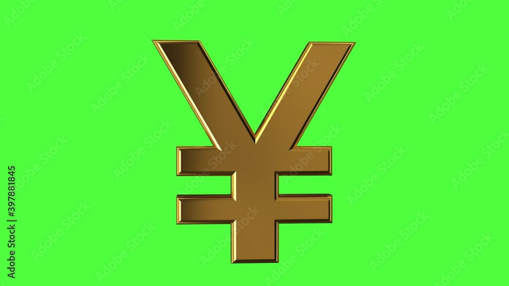 3D animation seamless loop of a golden yen symbol rotates isolated on a green chroma key. 4K resolution. 3D animation seamless loop of a golden yen symbol rotates isolated on a green chroma key. 4K resolution.