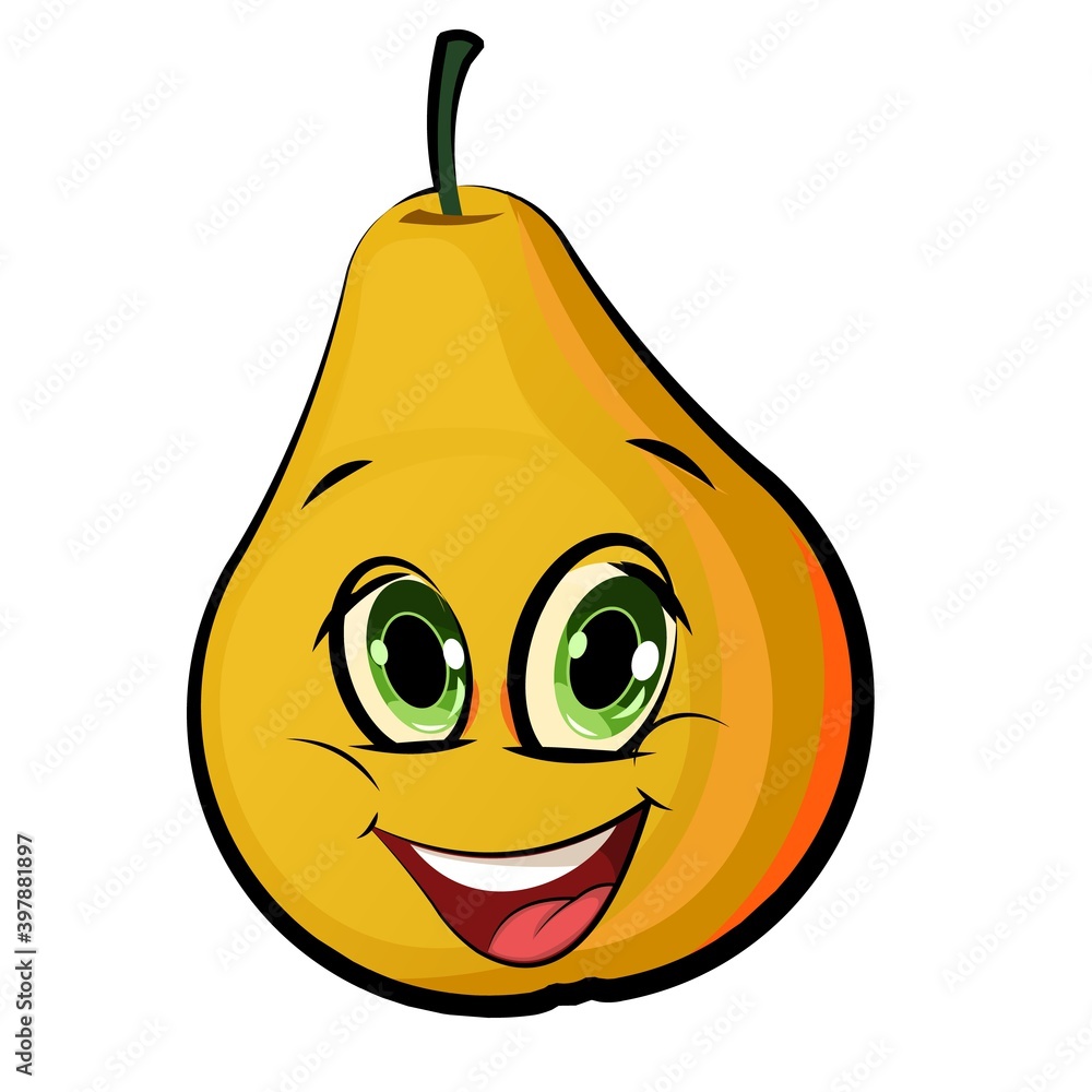 Pear cheerful smile. Juicy red fruit with a muzzle. Cartoon style. Isolated over white background. Vector illustration. Pear cheerful smile. Juicy red fruit with a muzzle. Cartoon style. Isolated over white background. Vector illustration.