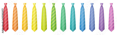 Ties set. Rainbow gradient spectrum of twelve colorful cravats or neckties. Isolated vector illustration on white background.
