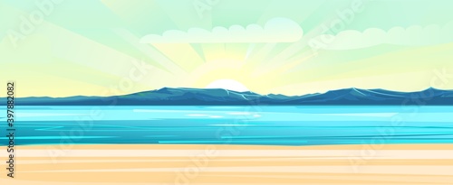 Seaside. Surf line. Sea and waves. On the horizon there is a rocky shore. Flat style illustration. Sand beach.