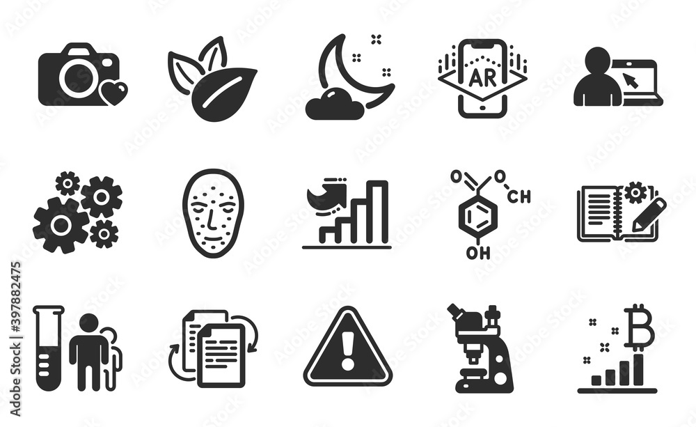 Online education, Organic product and Cogwheel icons simple set. Growth chart, Bitcoin graph and Augmented reality signs. Face biometrics, Night weather and Engineering documentation symbols. Vector