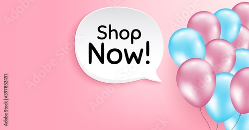Shop now symbol. Pink balloon vector background. Special offer sign. Retail Advertising. Birthday balloon background. Shop now speech bubble. Celebrate pink banner. Vector