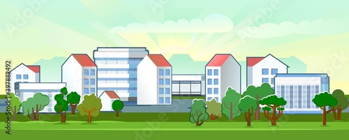Village. A suburb with small one-story and high-rise buildings. Cozy place of residence. Flat style. Landscape. Vector