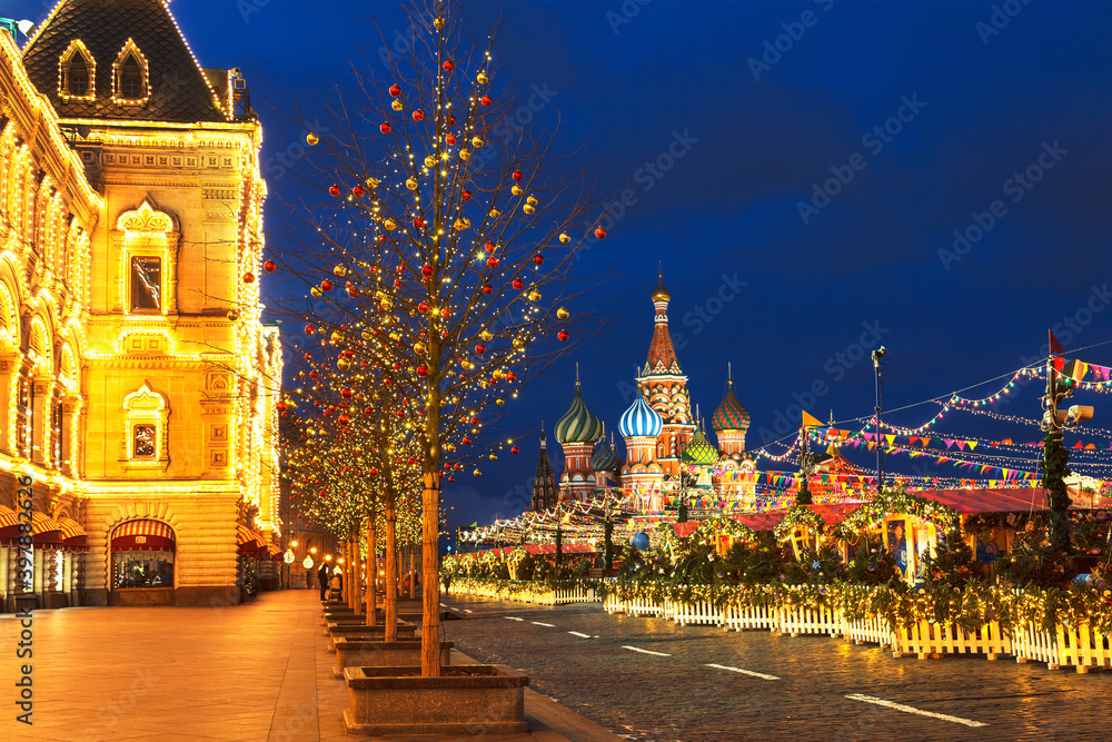 Red square with Christmas fair on new year and Christmas holidays in the early morning, Moscow, Russia