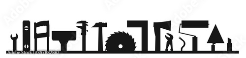 Construction tools. Logo, label. Bottom frame. For work as a painter, carpenter, builder, handyman. Repair and construction services. Sale of tools. Monochrome silhouette.