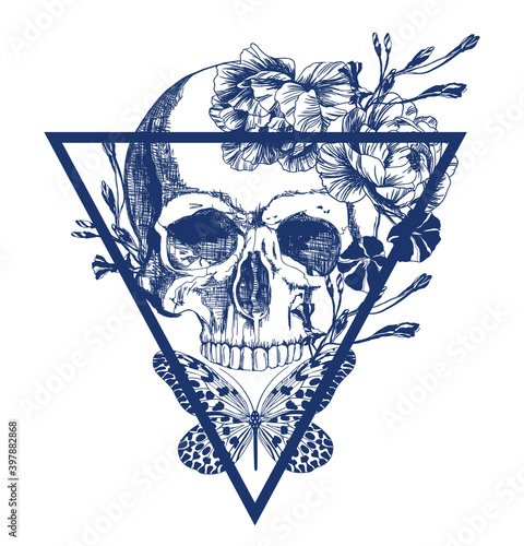 Blue skull with flowers and butterfly on inverted triangle in vintage style illustration