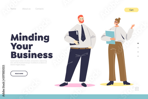 Business consulting concept of landing page with businessman talking to female consultant