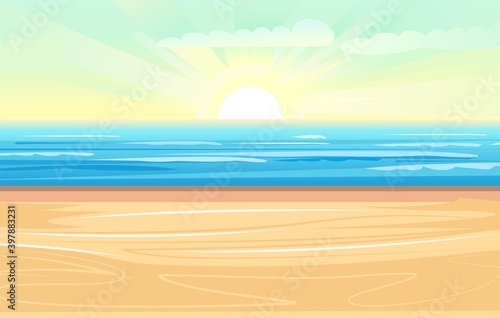 Beach on the seashore. Surf line. Sea and waves  seascape. Horizon. Flat style illustration. Sand beach. Vector