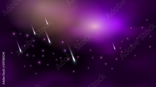 Galaxy space background with shiny star nebula and flying meteor rain. Purpla night sky, abstract colorful backdrop. Vector illustration